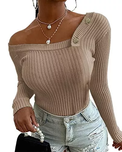 Maxwinee Pullover & Strickmode Maxwinee Pullover Damen Schulterfrei Sexy Slim Fit Dünn Strickpullover One Shoulder Pulli Langarmshirt Oberteile Herbst Einfarbig