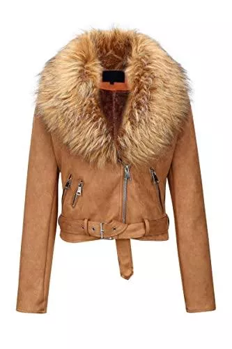 BELLIVERA Jacken BELLIVERA Damen Lederjacke Moto Bikerjacke Wildleder Kurzmantel mit Abnehmbarem Pelzkragen