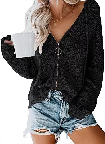 Zereesa Pullover & Strickmode Zereesa Damen Sweatshirt V-Auschnitt Langarmshirt Hoodie Strickpullover Sexy Pullover Bluse Oberteile Oversize Tops S-XXL