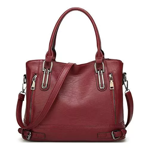 VINBAGGE Taschen & Rucksäcke Damen Handtasche Leder Henkeltasche Top Griff Tasche Vintage Weiches Umhängetasche Schultertasche für Frauen - Burgund Rot