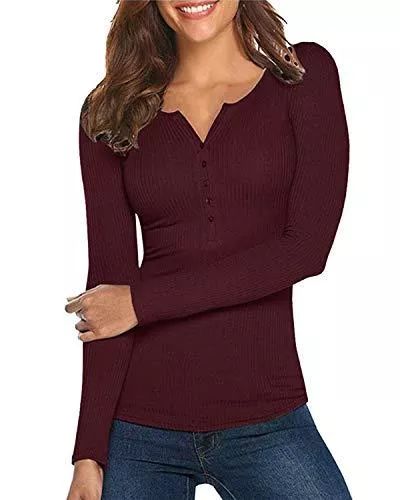 Hiistandd Langarmshirts Damen Shirt Langarm V-Ausschnitt Basic Oberteile Button Casual Pullover Einfarbig Langarmshirt