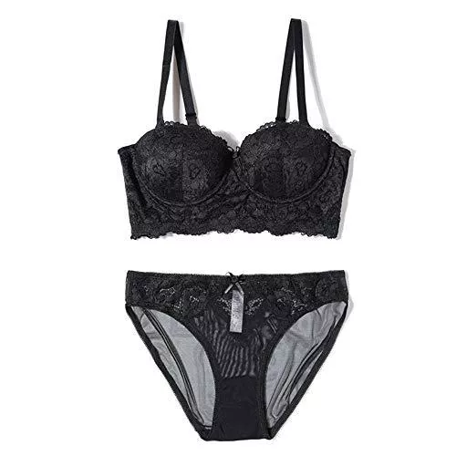 Stella Fella Unterwäsche & Dessous Stella Fella Damen-Dessous, sexy Spitze, tiefer V-Ausschnitt, Push-Up-Dessous, trägerlos, abnehmbarer Schulterriemen, BH und Höschen, Set (Farbe: Schwarz, Größe: 70B=30B=65B)