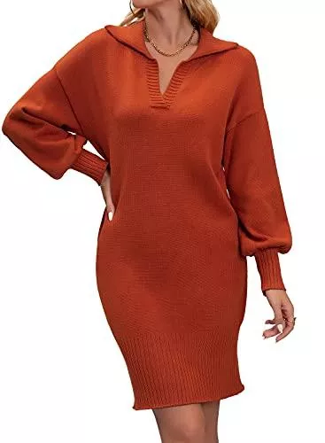 Fuakesor Freizeit Fuakesor Strickkleid Damen V-Ausschnitt, Pulloverkleid Elegant Langarm Einfarbige Winterkleid Causual Warme Minikleid mit Puffärmel Lockere Passform