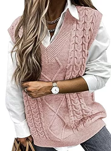 Aleumdr Pullover & Strickmode Aleumdr Damen Weste Strick Pullunder Strickweste Damen V-Ausschnitt Pullover Damen Pullunder Strick Weste ärmellos Oversize Strickpullover Frühling Herbst Winter warm
