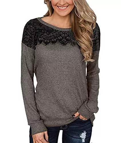 Nekosi Langarmshirts Nekosi Damen Langarm T-Shirts Schwarze Spitze Tunika Rundhalsausschnitt Tops Elegante leichte Bequeme Oberteile