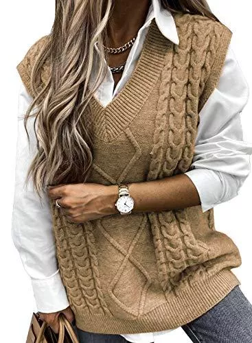 Aleumdr Pullover & Strickmode Aleumdr Damen Weste Strick Pullunder Strickweste Damen V-Ausschnitt Pullover Damen Pullunder Strick Weste ärmellos Oversize Strickpullover Frühling Herbst Winter warm
