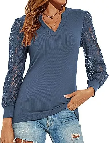 iWoo Langarmblusen iWoo Damen T-Shirt V Ausschnitt Langarm Oberteile Elegante Bluse Langarmshirt Casual Tops Mit Spitzenärmel/Chiffon-Ärmel