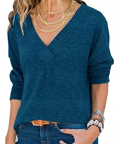 Hiistandd Pullover & Strickmode Hiistandd Damen Shirt V-Ausschnitt Tops Casual Langarmshirt Gestrickt Einfarbig Oberteile