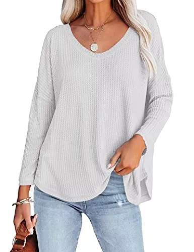 Timuspo Pullover & Strickmode Damen V Ausschnitt Strickpullover Sexy Oberteil Waffel Strick Schulterfrei Langarmshirt Tops