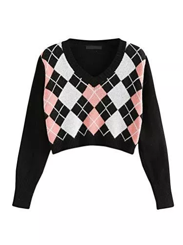 ORANDESIGNE Pullover & Strickmode OranDesigne Pullover Damen Karierte Strickpullover Lässige V-Ausschnitt Sweatshirt Oberteil mit Retro Rautenmuster