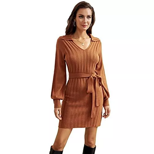 GRACE KARIN Freizeit GRACE KARIN Damen Langarm Pulloverkleid Elegant Umschlagkragen Strickkleid Schreifen V-Ausschnitt Etuikleid mit Gürtel CL399A21