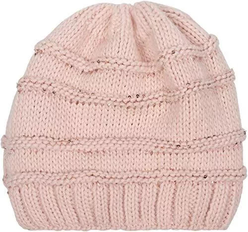 styleBREAKER Hüte & Mützen styleBREAKER Damen Strick Wintermütze mit Pailletten, Öffnung für Pferdeschwanz und Thermo-Fleece Futter, Beanie Mütze 04024177