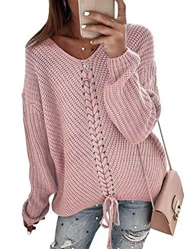 Minetom Pullover & Strickmode Minetom Damen Pullover Herbst Winter Casual V-Ausschnitt Langarm Strick Gestrickt Top Pullover Einfarbig Lose Sweater Chic Oberteile