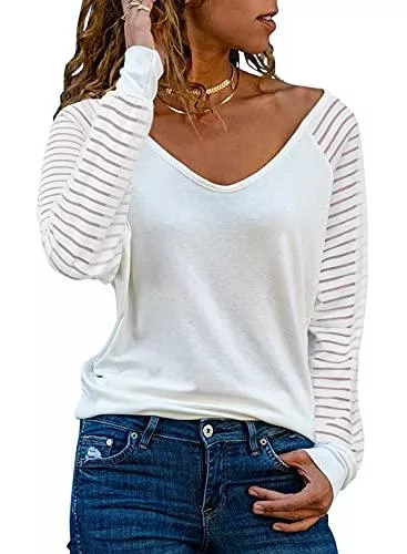 Dokotoo Langarmblusen Dokotoo Damen Tops Gestreifte Mesh Langarm Casual V-Ausschnitt Bluse Shirt Tops