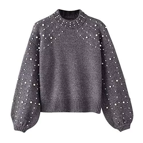 OIKAY Pullover & Strickmode OIKAY Abverkauf Heißer Damen Winter Bluse Pullover Grau O Neck Langarm Perle Strickpullover