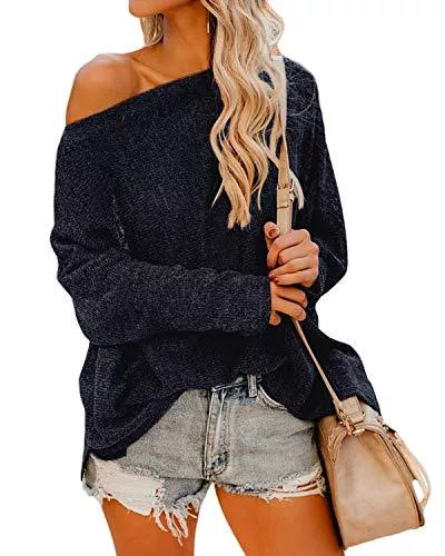 Auxo Pullover & Strickmode Auxo Damen Pullover Schulterfrei Langarmshirt Oversize Strickpullover Lose Sweatshirt Oberteil Tops