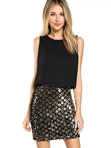 ROMWE Party Romwe Damen Sexy Lagenlook Mode Club Wear Party Sparkle Pailletten Tank Kleid