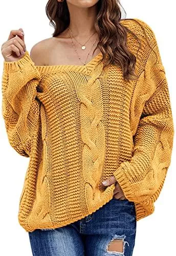 Nilimoph Pullover & Strickmode Pullover Damen Winter Pullis Loose V-Ausschnitt Strickpullover Casual Langarmshirt Grobstrick Oversize Pulli Oberteile