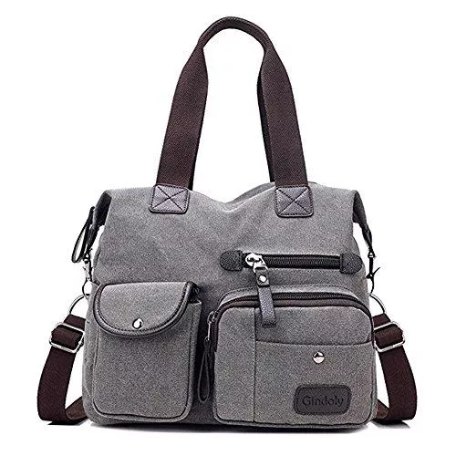 Gindoly Taschen & Rucksäcke Für größere Ansicht Maus über das Bild ziehen Gindoly Damen Canvas Handtasche Groß Modisch Umhängetasche Multi Tasche Schultertasche Hobo für Reisen Schule Shopping und Arbeit (Grau)