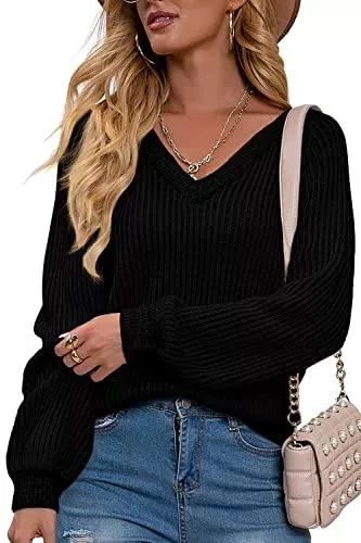 Kapoohott Pullover & Strickmode Kapoohott Damen Strickpullover V Ausschnitt Pullover Casual Langarmshirts Lässiger Pulli Sweatshirt