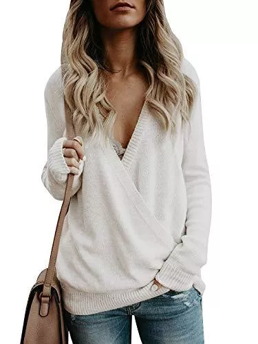 Cindeyar Pullover & Strickmode Damen Sweater Pulli Langarm Casual Sexy V-Ausschnitt Pullover Sweatshirt Oversize Loose Lange Ärmel Stricken Oberteil Tops Rückenfrei Fledermaus Batwing Rücken Kreuz