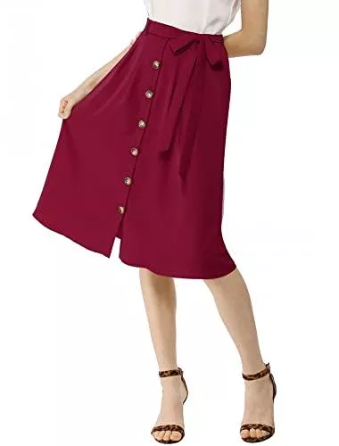 Allegra K Röcke Allegra K Damen A Linie High Waist Knielang Bindegürtel Knopfleiste Faltenrock Rock