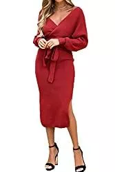 Imuedaen Freizeit Imuedaen Pulloverkleid Damen V-Ausschnitt Elegant Strickkleid Langarm Pullover Tunika Kleid Mit Gürtel für Herbst Winter