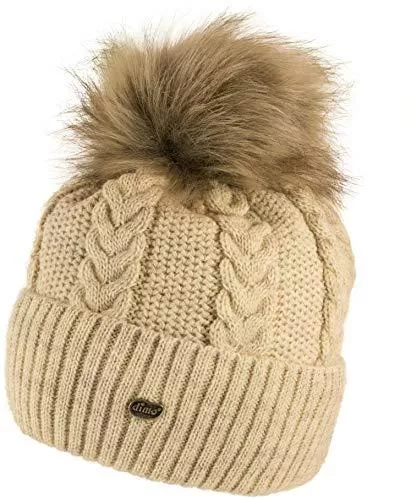 fashionchimp Hüte & Mützen fashionchimp ® Damen Strickmütze mit Umschlag, anehmbarer Felloptik-Bommel, Zopfmuster, Fleece-Innenfutter, Made In EU