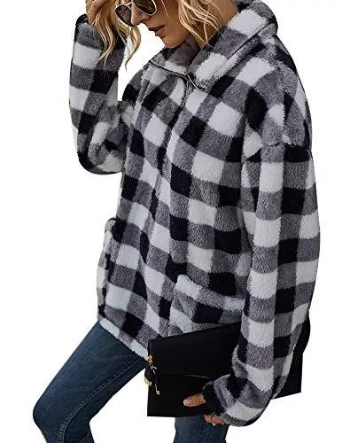 Nilimoph Pullover & Strickmode Nilimoph Pullover Damen Flauschig Pulli Fleece Weich Herbst Winter Warm Kapuzenpullover Jacke Casual Sweatshirt mit Seitentasche Zip Langarm Oberteile