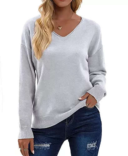 Kapoohott Pullover & Strickmode Kapoohott Damen Pullover Damen Winter Pulli Strickpullover Damen Vintage Sweatshirt Langarm Oberteile Einfarbig Casual V-Ausschnitt