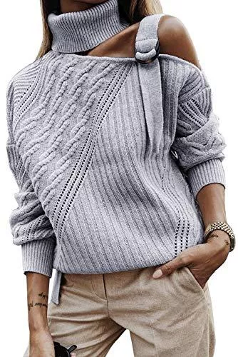 Maavoki Pullover & Strickmode Maavoki Damen Rollkragen Pullover, Rollkragenpullover Langarm Oberteil, Casual Strickpullover Off Shoulder Sweater