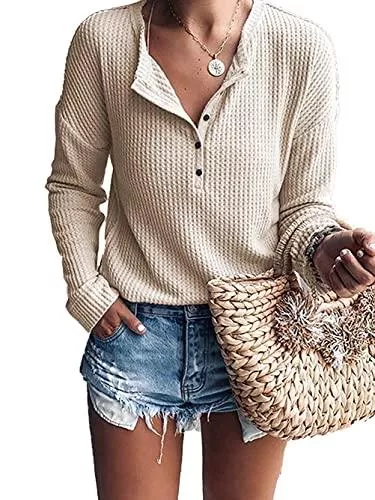 WNEEDU Langarmblusen WNEEDU Damen Waffelstrick Tunika Tops Lose Langarm Button Up V-Ausschnitt Henley Shirts