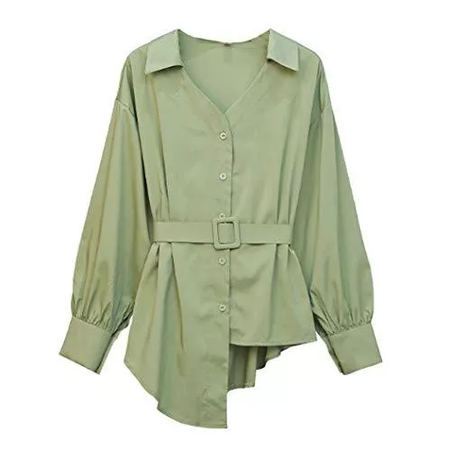 GL SUIT Langarmblusen GL SUIT Damen-Blusen Frühling und Herbst mit V-Ausschnitt lang Sleeved Chiffon- Hemd unregelmäßigen Rand-Knopf Loser dünne Abdeckung Belly Normallack beiläufige Oberseiten-Kleid