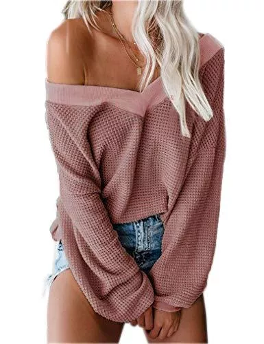 Lalala Pullover & Strickmode Lalala Strickpullover Damen V Ausschnitt Oversize Pullover Schulterfrei Langarmshirt Tunika Lockere Oberteile Tops