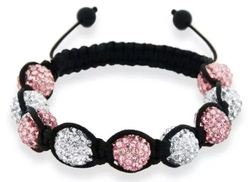 Crystalique Schmuck Schwarzes Shamballa Kordel m. 10mm Rosa u. Weißen Krisstallkugeln verstellbares Armband 19cm