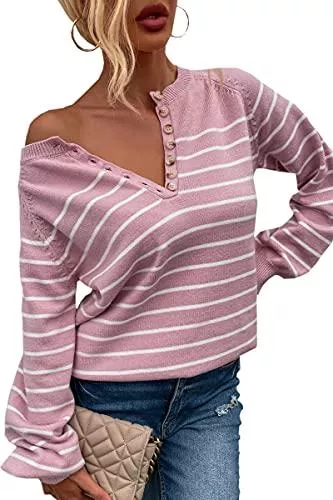 Spec4Y Pullover & Strickmode Spec4Y Pullover Damen Strickjacke Frauen Sweater Streifen Einfarbig Strickpullover Casual Sweatshirt Pulli Elegant Jumper Oberteile Strickpuli V-Ausschnitt