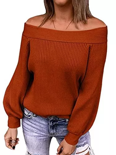 Colisha Pullover & Strickmode Colisha Pullover Damen Schulterfrei Langarm Oberteil Casual Sweatshirt Sexy Strickpullover Loose Jumper Tunika