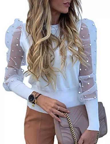 CHICME BEST SHOPPING DEALS Langarmblusen CHICME Damenbluse mit Perlen und Puffärmeln