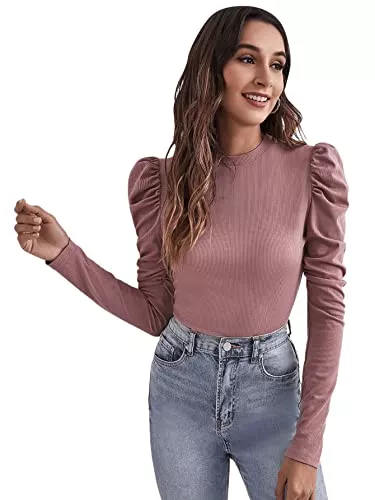 DIDK Langarmblusen DIDK Damen Strickshirt Langarmshirt Elegant Tops Pullover T-Shirt mit Puffärmeln Shirts Oberteile Einfarbig Pulli Casual Tunika Basic Top