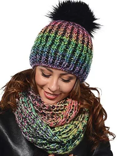 Unbekannt Hüte & Mützen Damen Strickmütze &amp; Loop mit großer Kombiset Kunstfell Bommel Strickset Beanie mit Fellbommel + Schlauchschal, Einheitsgröße K3
