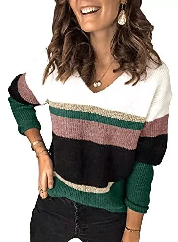 Astylish Pullover & Strickmode Astylish Damen Pullover V-Ausschnitt Strickpullover Langärmlig Schicke Strickjacke Strickpulli Farbe Block Stricksweater Pulli Größe S-2XL