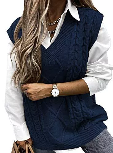 Aleumdr Pullover & Strickmode Aleumdr Damen Weste Strick Pullunder Strickweste Damen V-Ausschnitt Pullover Damen Pullunder Strick Weste ärmellos Oversize Strickpullover Frühling Herbst Winter warm
