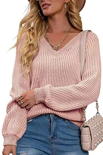 Kapoohott Pullover & Strickmode Kapoohott Damen Strickpullover V Ausschnitt Pullover Casual Langarmshirts Lässiger Pulli Sweatshirt
