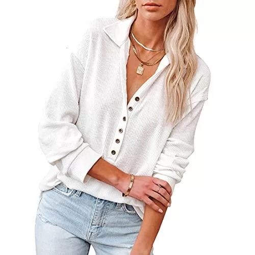 ACLOIN Pullover & Strickmode ACLOIN Sweatshirt Damen V Ausschnitt Baumwolle Langarmshirt Knopfleiste Dünne Pullover Oversized Button down Jumper Tops