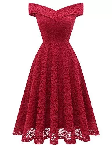 Homrain Cocktail Homrain Damen Elegant Hochzeit Spitzenkleid Schulterfrei Rockabilly Kleid Cocktail Abendkleider Vokuhila Schwingen Brautjungfernkleider