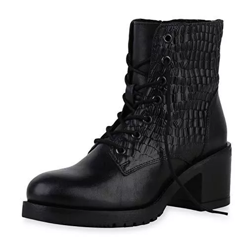 SCARPE VITA Stiefel SCARPE VITA Damen Leder Schnürstiefeletten mit Blockabsatz Kroko Profilsohle