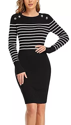 Dilgul Freizeit Dilgul Damen Gestreiftes Pulloverkleid Pullikleid Lang Strickpullover mit Knöpfen