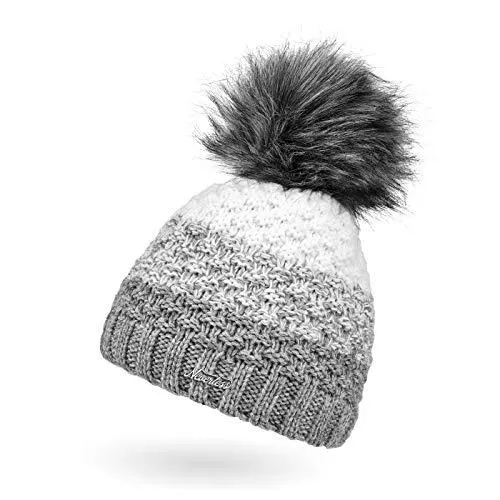 Neverless Hüte & Mützen Neverless® Damen Strick-Mütze gefüttert Fleece-Innenfutter Fell-Bommel Kunstfell Winter-Mütze Bommelmütze Grobstrick Mehrfarbig