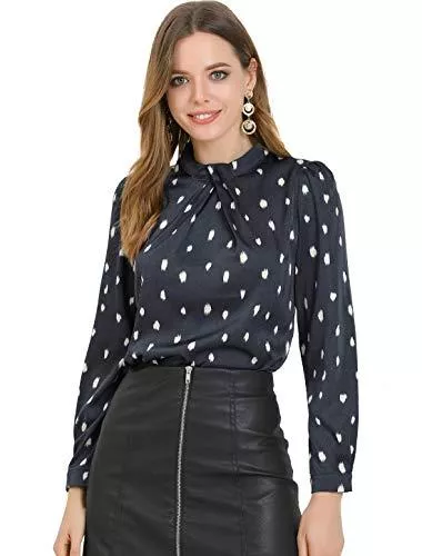 Allegra K Langarmblusen Allegra K Damen Langarm Stehkragen Rüschen Punkte Satin Top Bluse