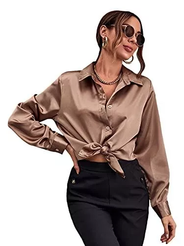 DIDK Langarmblusen DIDK Damen Satin Blusen Hemdbluse Damen Hemd Basic Kent-Kragen Elegant OL Work Langarm Formelle Hemden Tunika Bluse mit Knöpfen